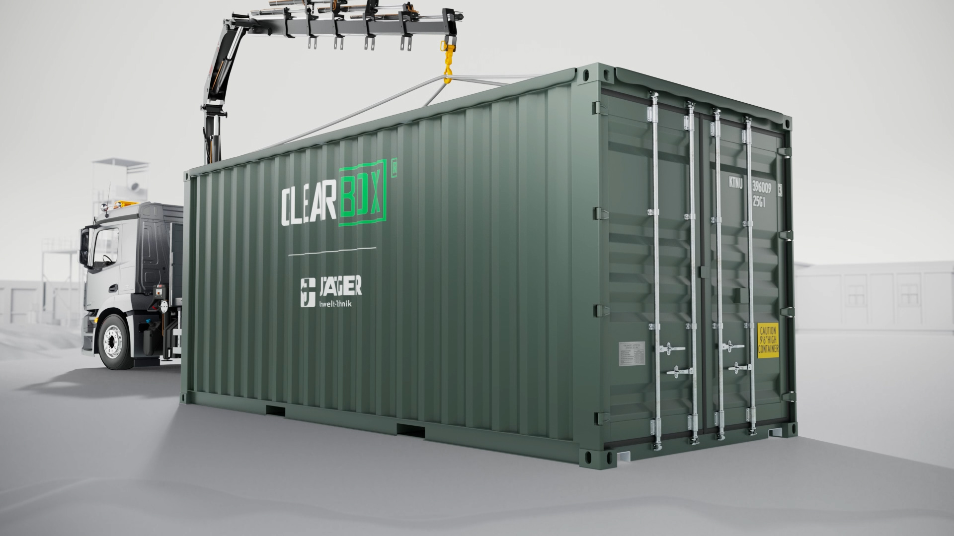 Die mobile Kläranlage wird geliefert. 3D-Animation aus dem Produktvideo von der Werbeagentur creanovo in Hannover.