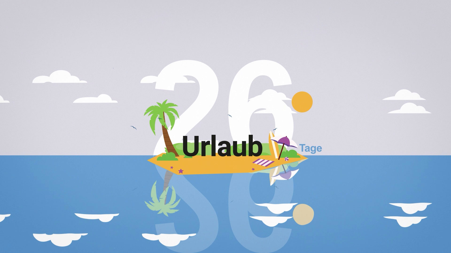 Eine tropische Insel mit Palmen und dem Schriftzug 26 Urlaubstage in Comic-Schrift.